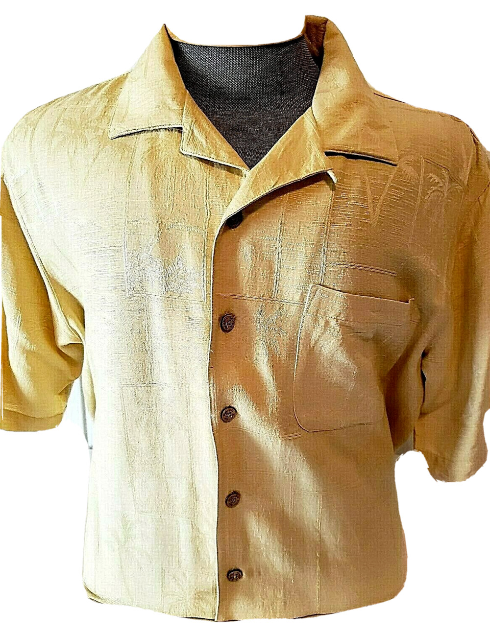 Batek Bay Mens Yellow Gold Button Front Silk Hawaiian Cruise Shirt Large L